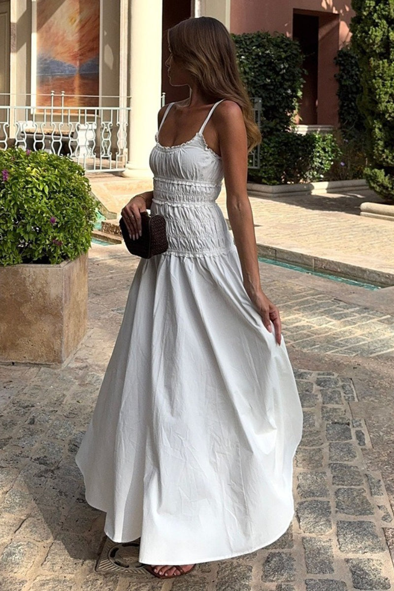 White Smocked Cotton Maxi Slip Dress