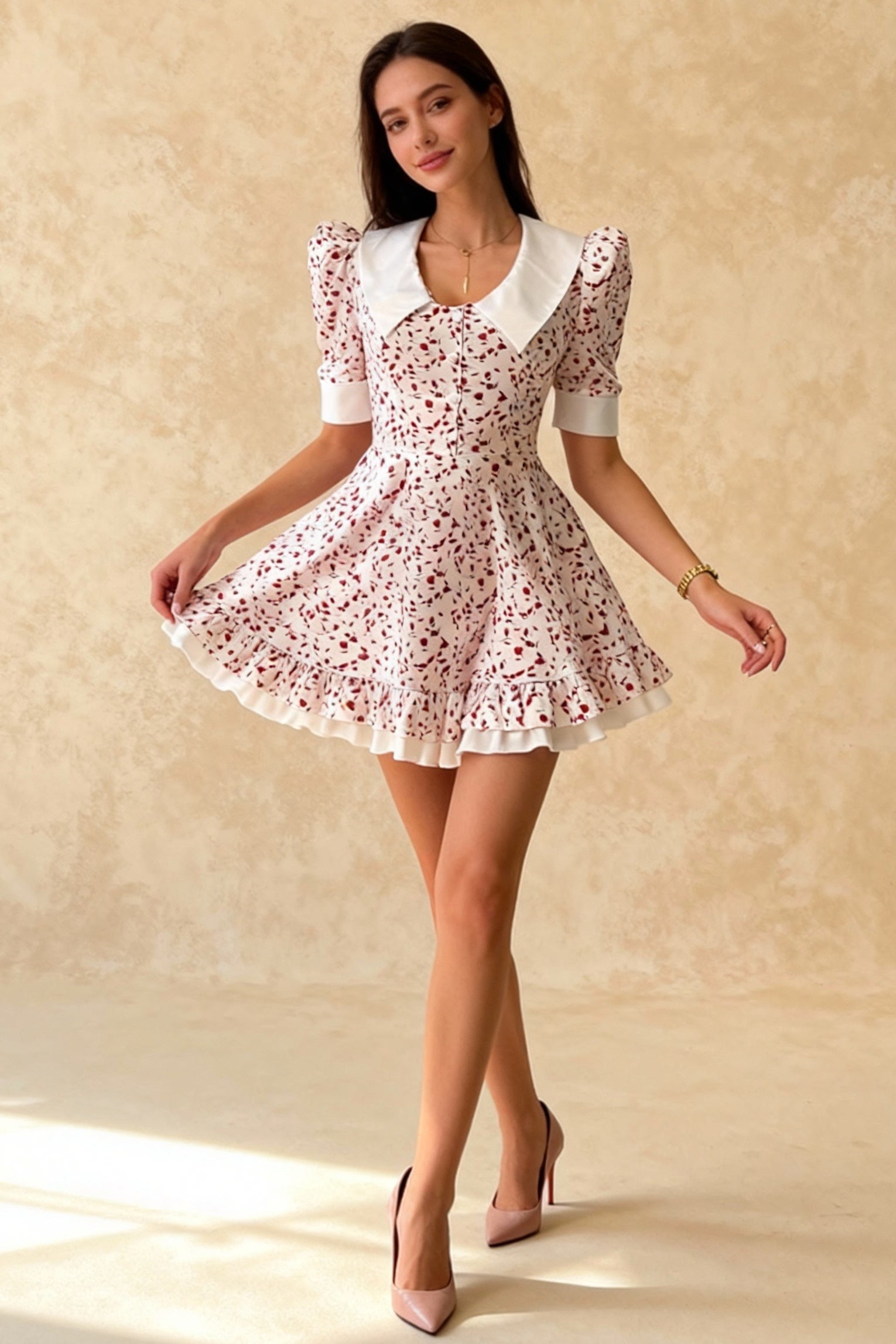 VNeck Floral Puff Sleeve Babydoll Mini Dress