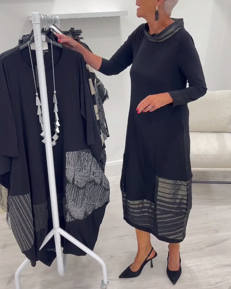 Black Cowl Neck Three-Quarter Sleeve Sheer Striped Hem Cocoon Midi Dress 2