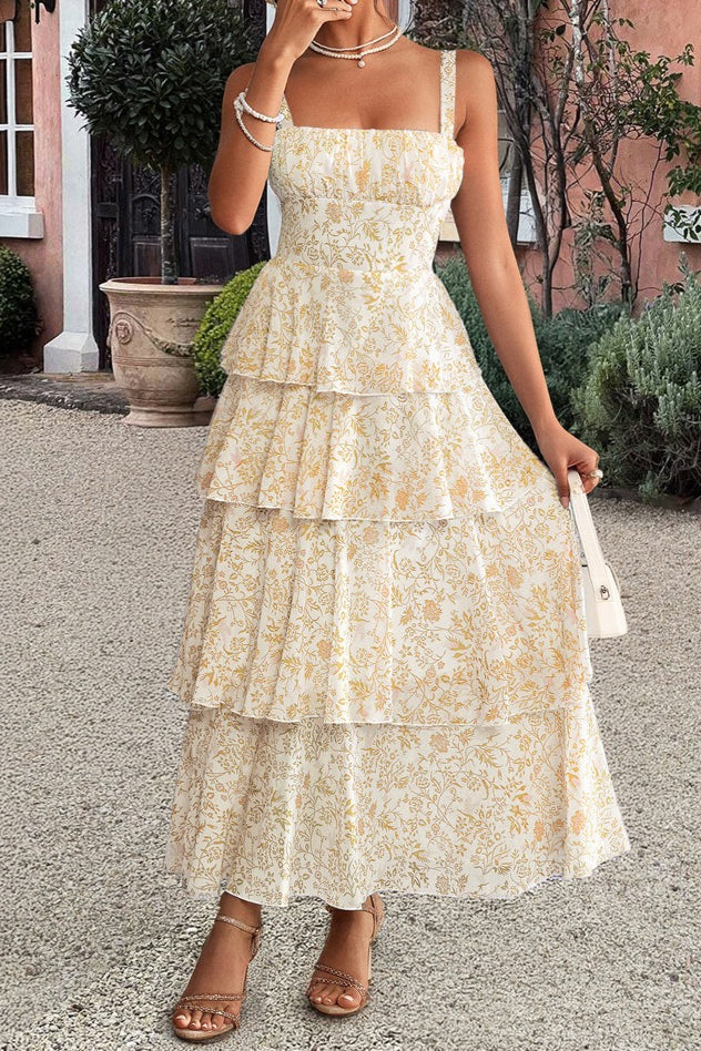 Square Neck Ruched Bust Toile Floral Print Tiered Maxi Dress 6