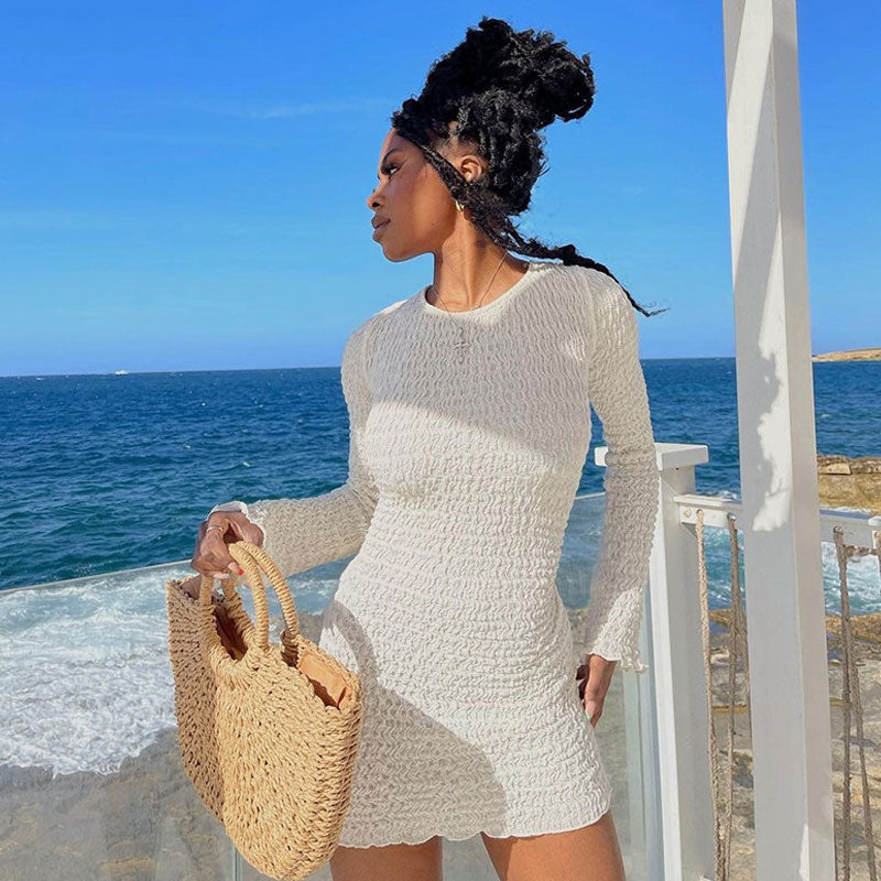 White Crew Neck Textured Smocked Long Sleeve Bodycon Mini Dress