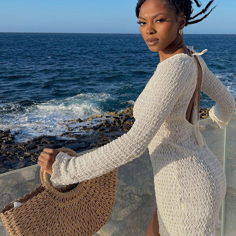 White Crew Neck Textured Smocked Long Sleeve Bodycon Mini Dress