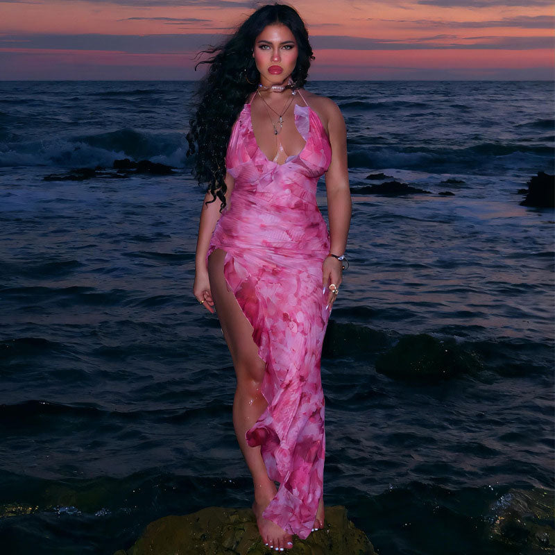 Pink Halter Deep V-Neck Tie Dye Ruffle Trim High Slit Maxi Dress
