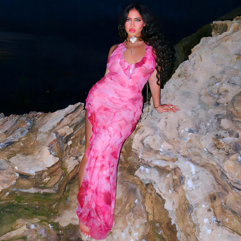 Pink Halter Deep V-Neck Tie Dye Ruffle Trim High Slit Maxi Dress
