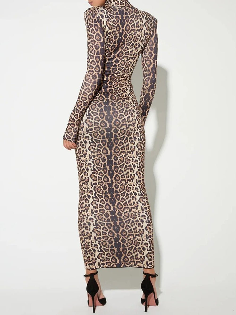 Leopard Print Mock Neck Padded Shoulder Long Sleeve Bodycon Maxi Dress 2