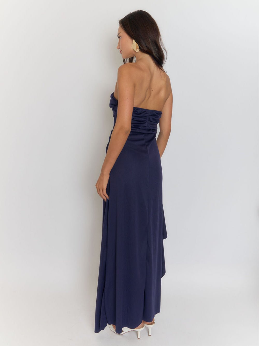 Blue Strapless Bandeau Fold Over Neck Ruched Drape High Split Maxi Dress 4