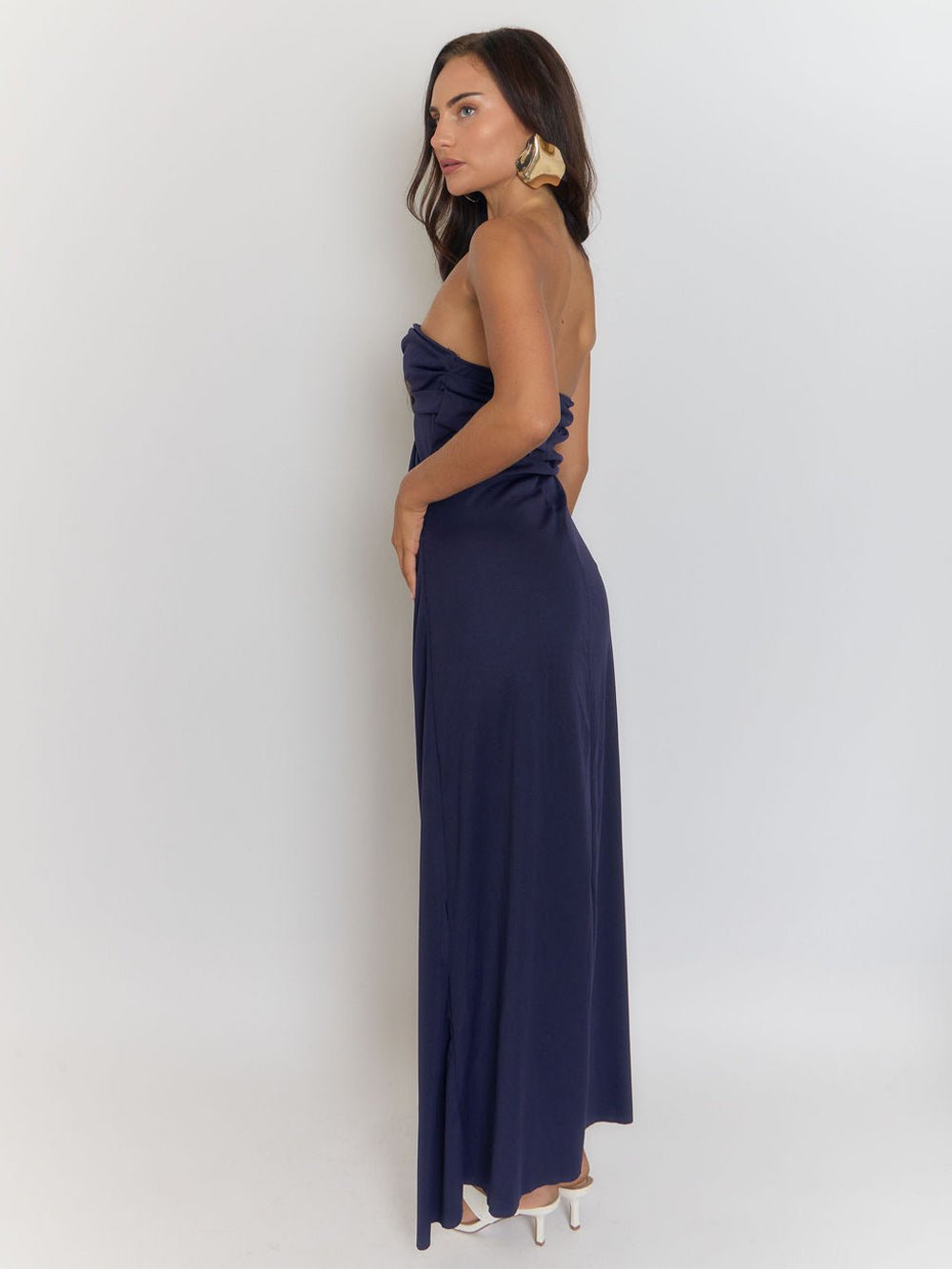 Blue Strapless Bandeau Fold Over Neck Ruched Drape High Split Maxi Dress 3