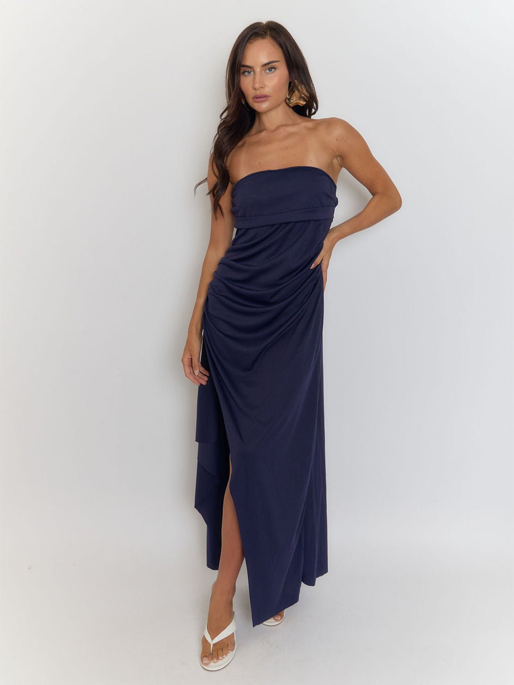 Blue Strapless Bandeau Fold Over Neck Ruched Drape High Split Maxi Dress 5