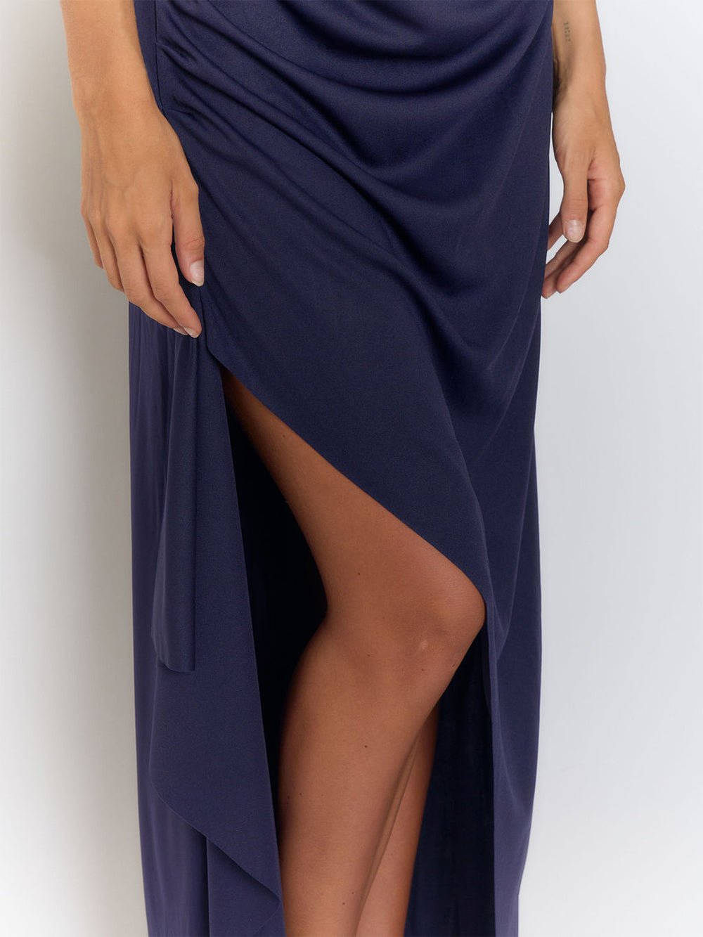 Blue Strapless Bandeau Fold Over Neck Ruched Drape High Split Maxi Dress 2