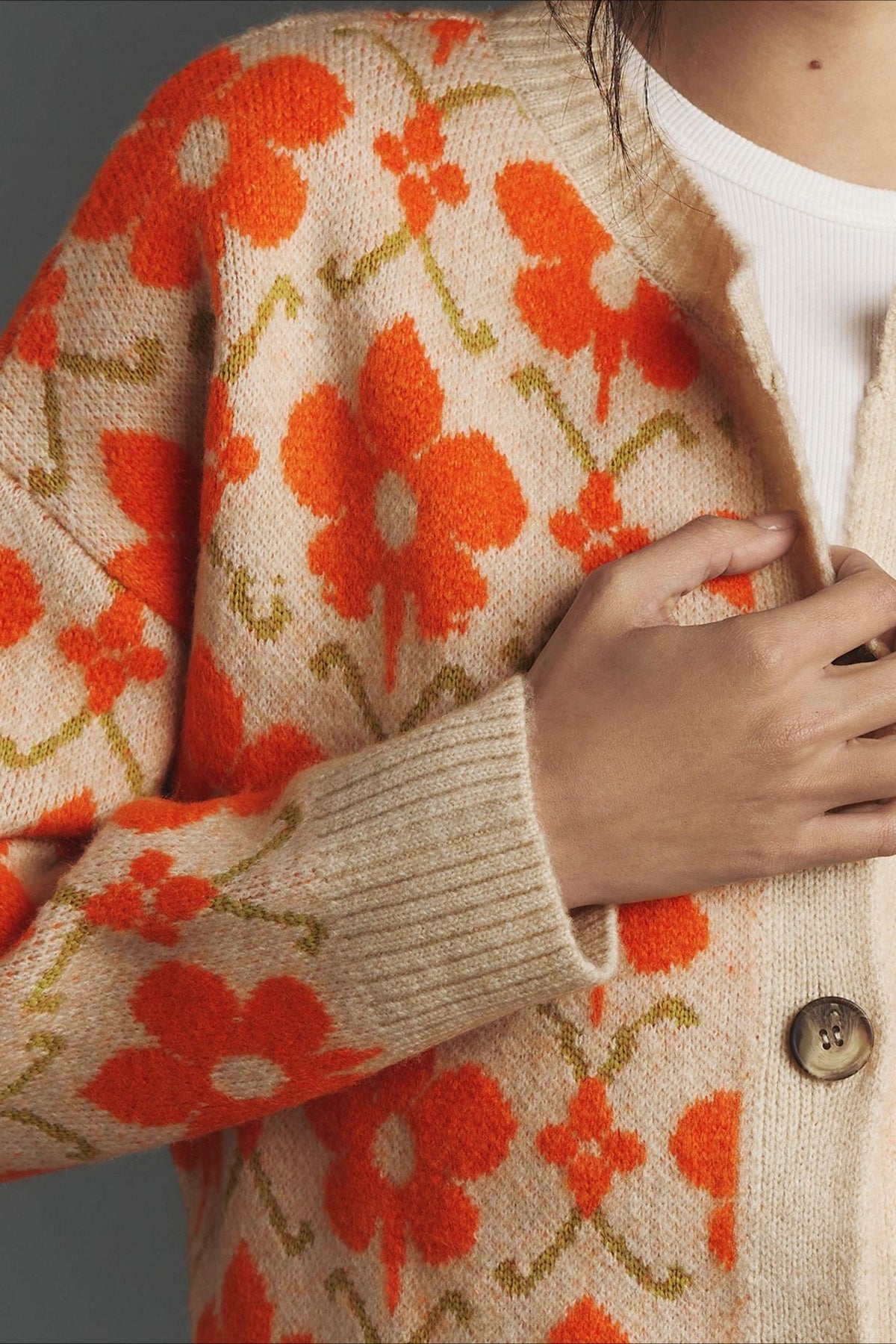 Floral Jacquard Elegant Button Long Sleeve Knit Cardigan