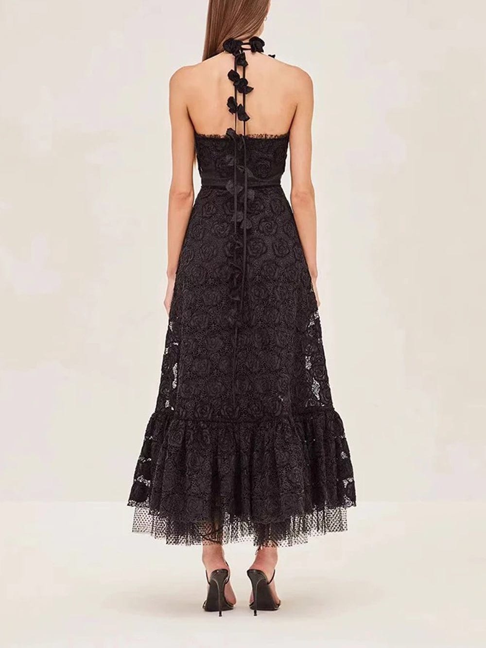 Lace Floral Rose Applique Spaghetti Strap Tiered Ruffle Maxi Dress 2