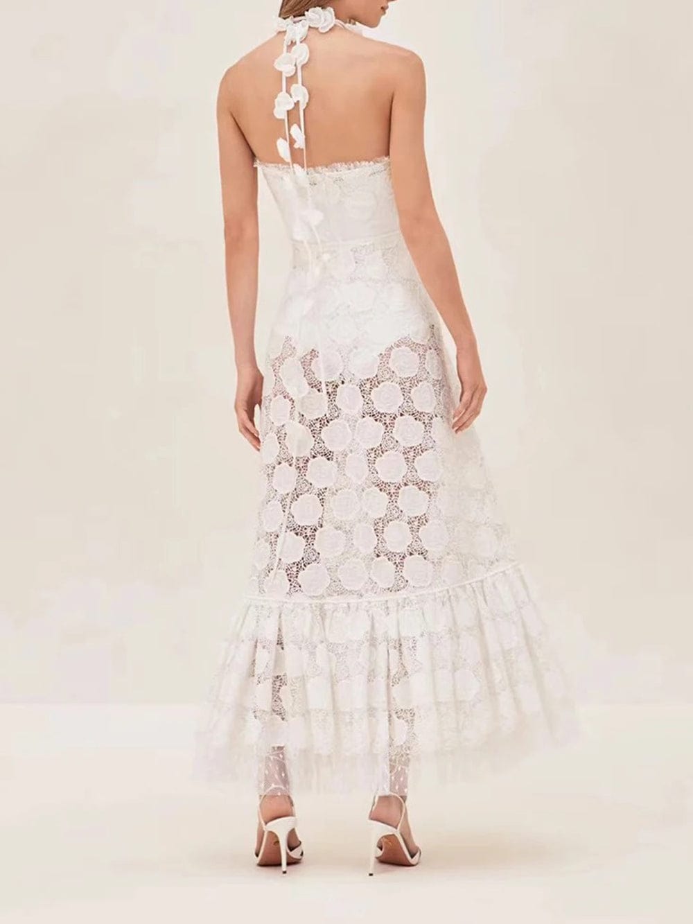 Lace Floral Rose Applique Spaghetti Strap Tiered Ruffle Maxi Dress 9