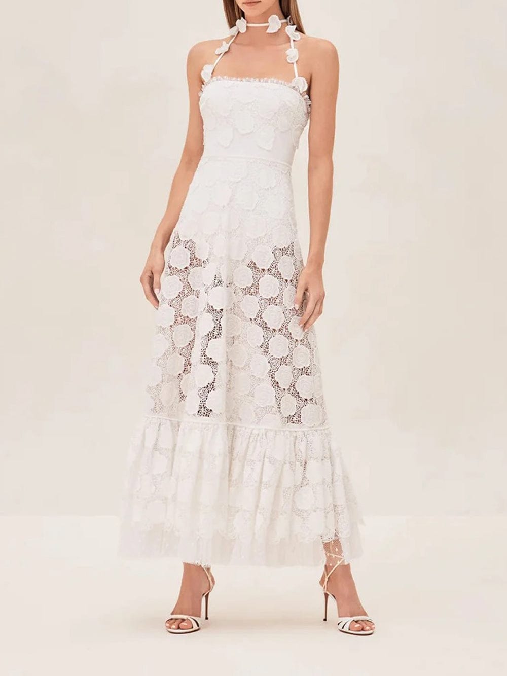 Lace Floral Rose Applique Spaghetti Strap Tiered Ruffle Maxi Dress 10