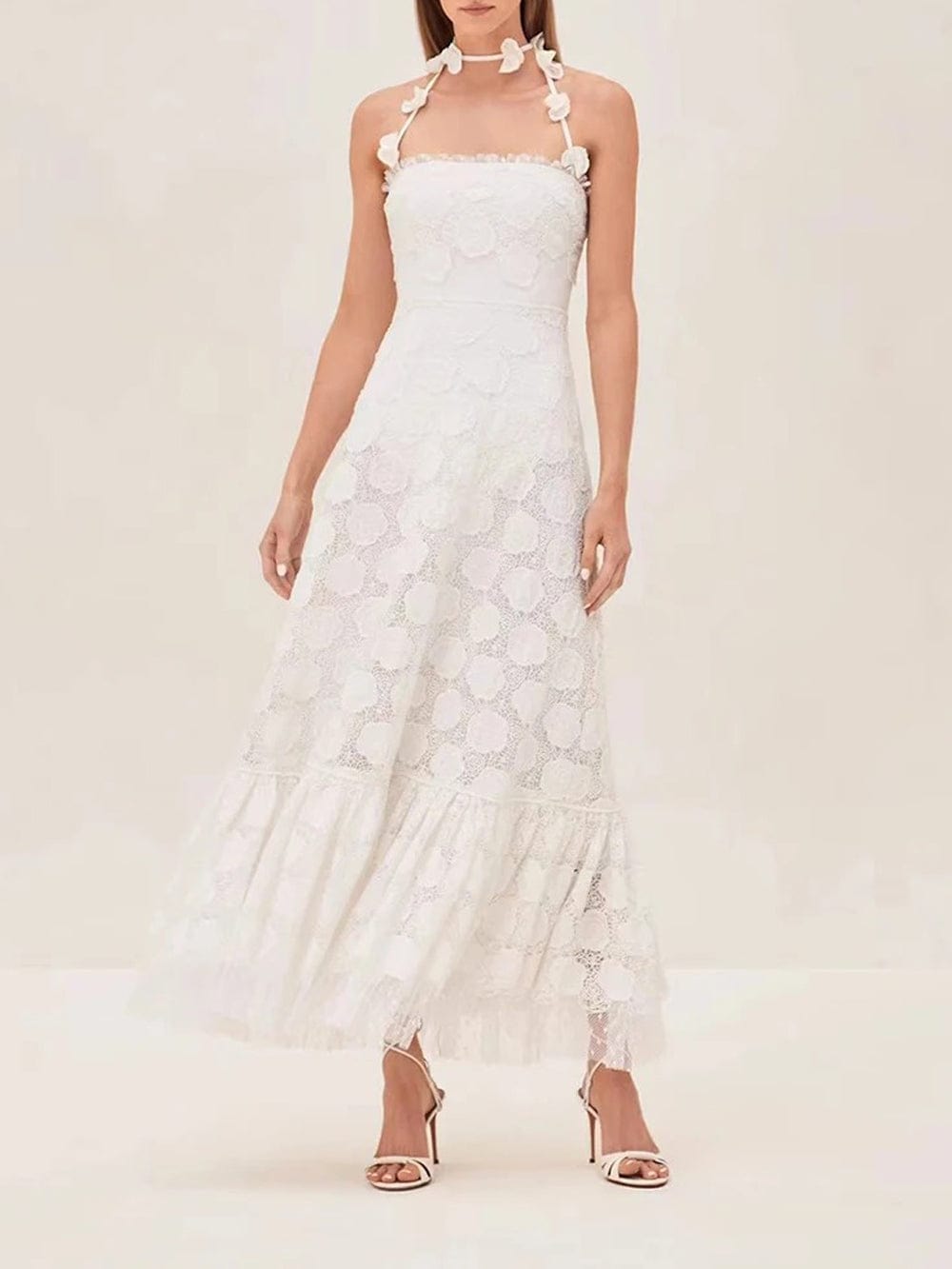 Lace Floral Rose Applique Spaghetti Strap Tiered Ruffle Maxi Dress 8