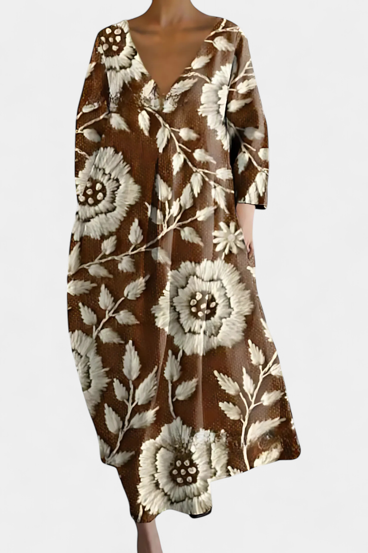V-Neck Abstract Watercolor Print Pleated Pocket Cocoon Midi Dress 8