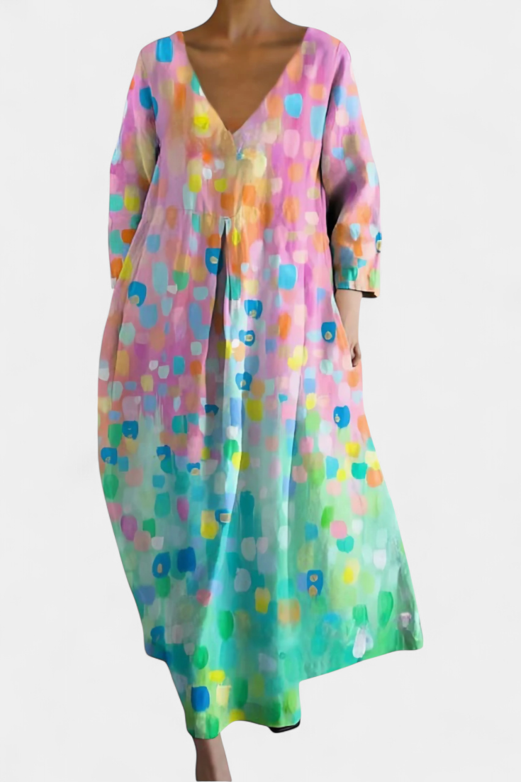 V-Neck Abstract Watercolor Print Pleated Pocket Cocoon Midi Dress 2