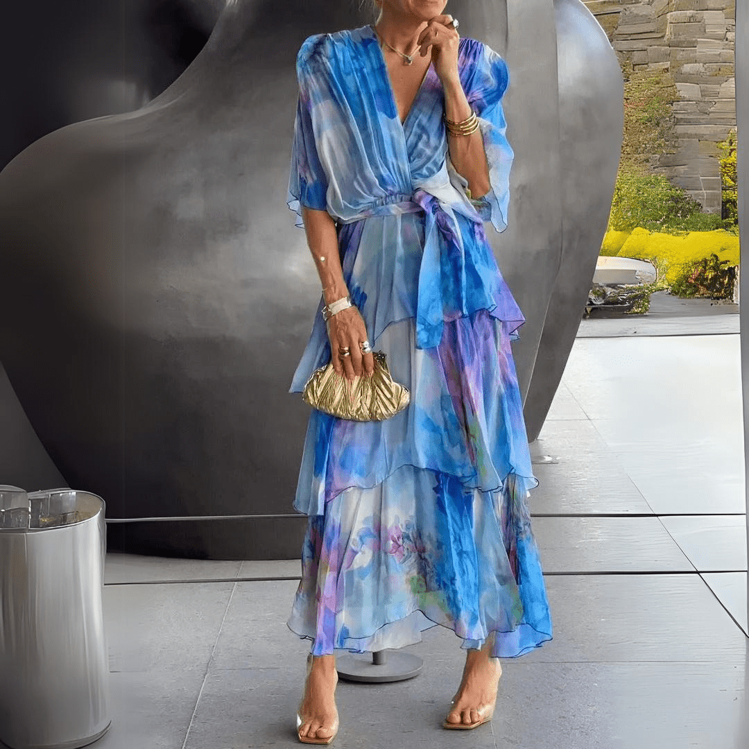Blue Print V-Neck Watercolor Floral Chiffon Tiered Ruffle Wrap Maxi Dress