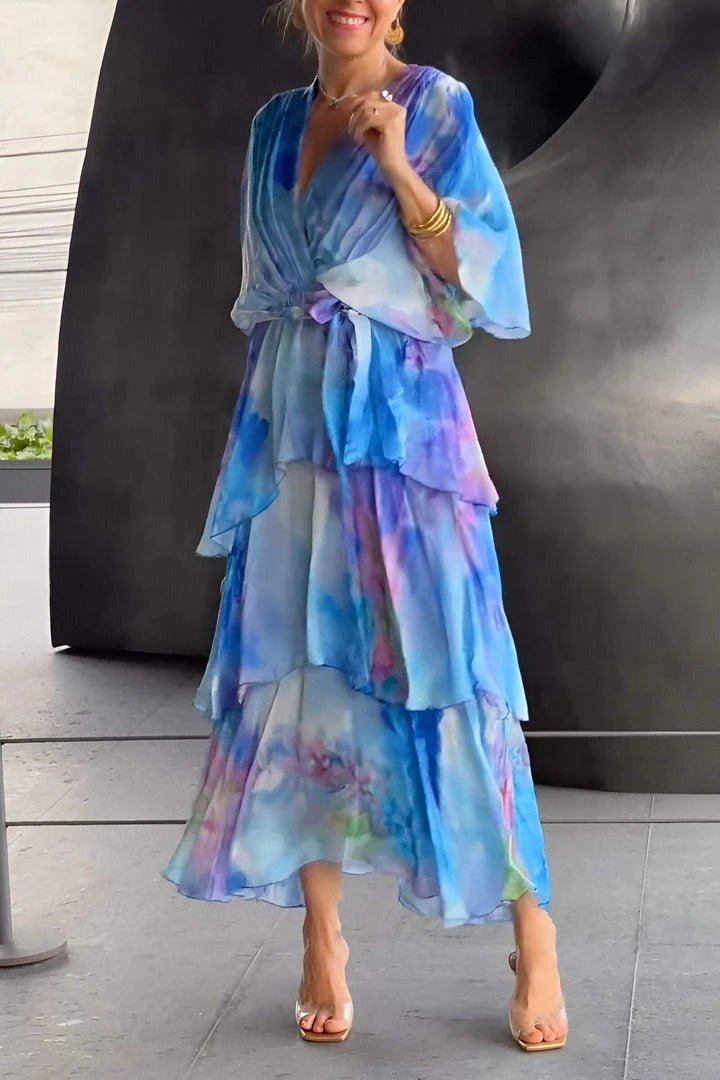 Blue Print V-Neck Watercolor Floral Chiffon Tiered Ruffle Wrap Maxi Dress