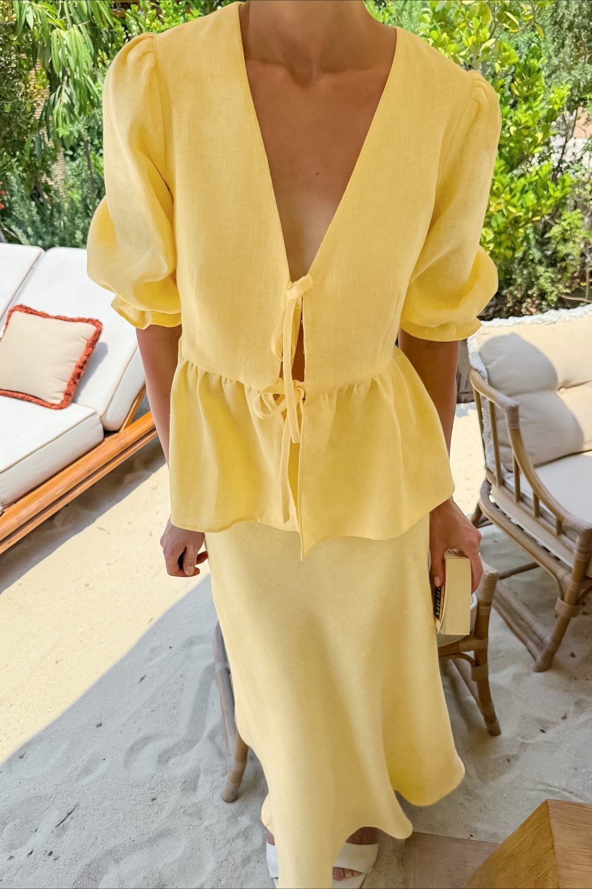 Resort Casual Cotton Linen Puff Sleeve Two Piece Skirt Set