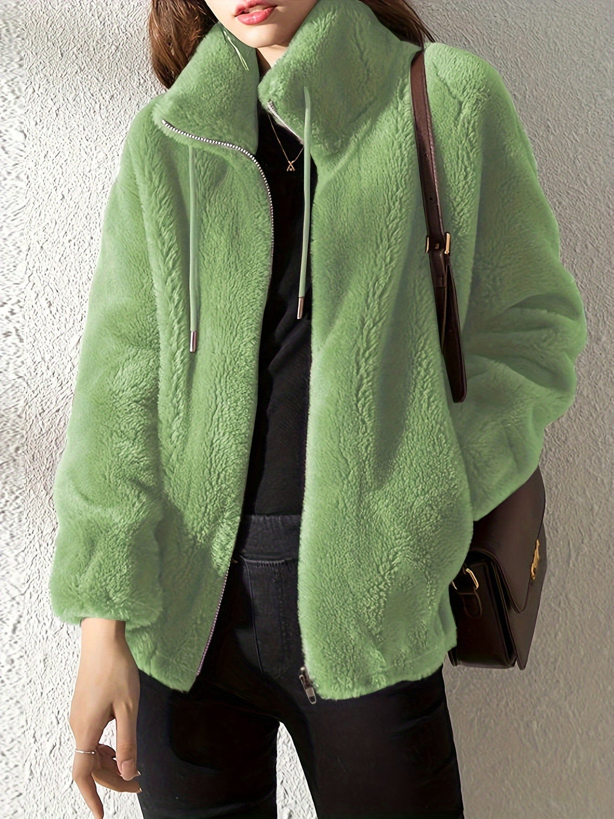 Stand Collar Zip Front Drawstring Fuzzy Fleece Jacket