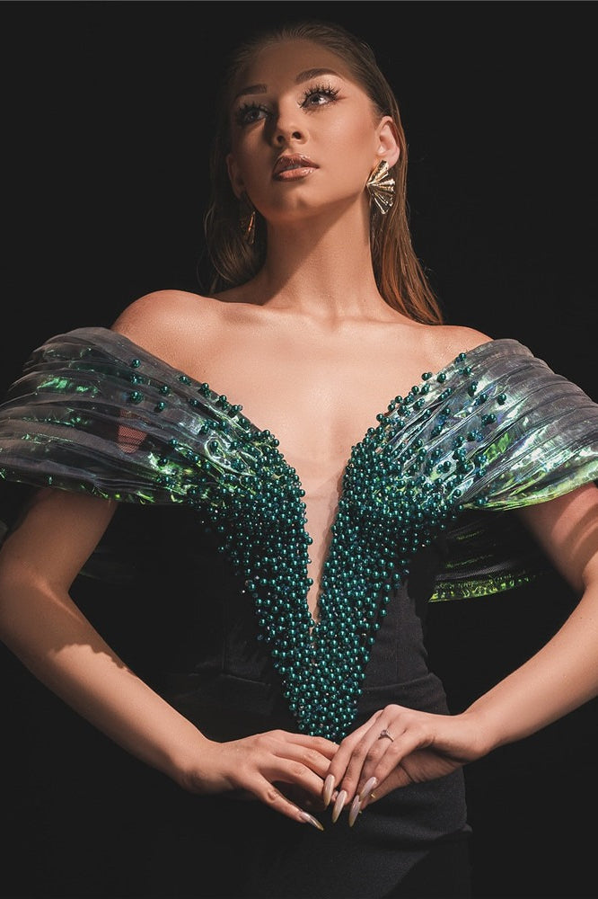 Beaded Appliqué Paneled Bandage Party Dress