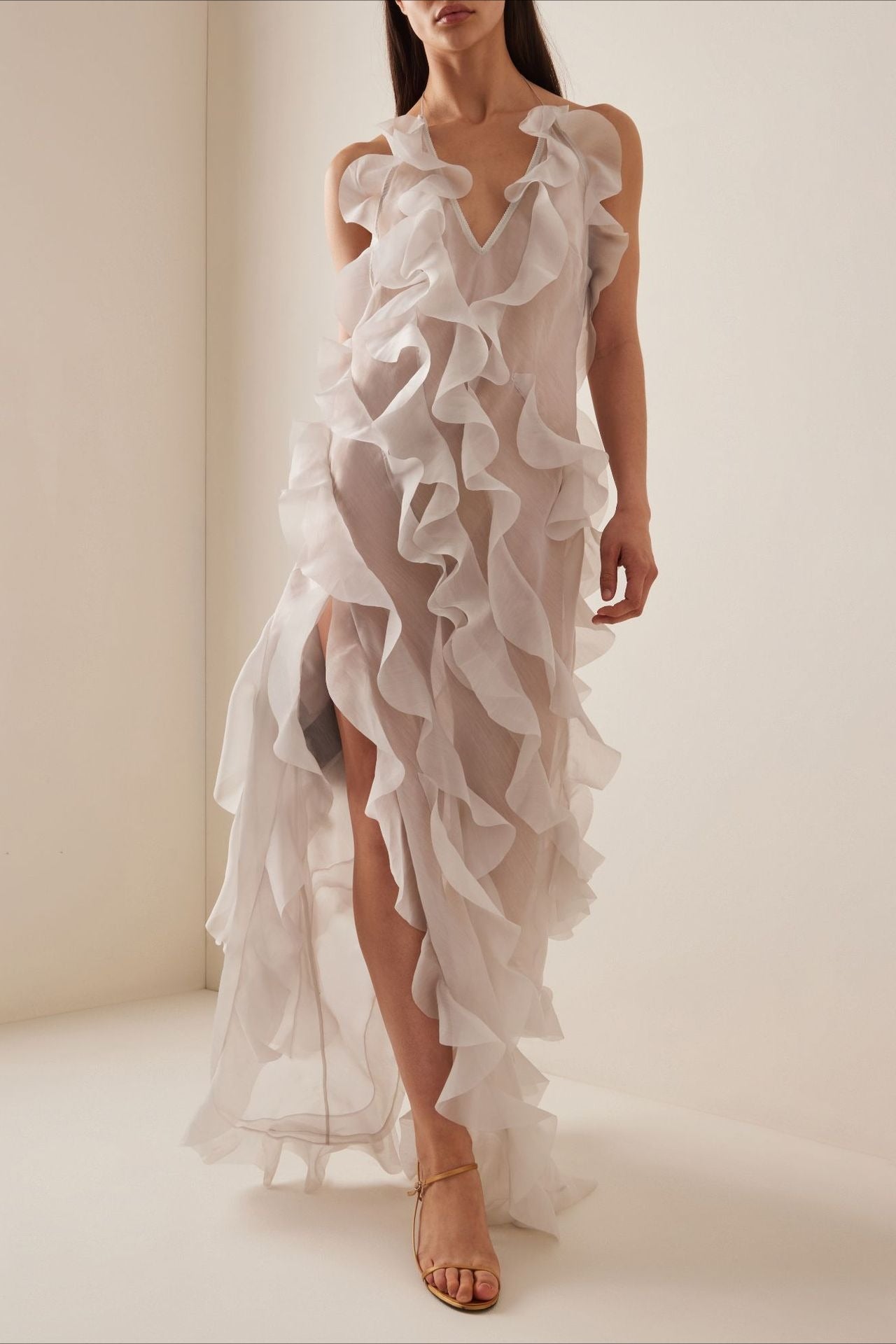 Plunge Mesh Asymmetric Ruffle Trim Long Slip Dress