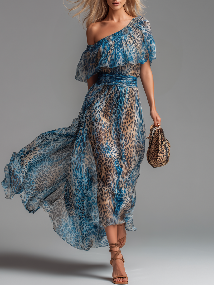 Blue One-Shoulder Ruffle Leopard Chiffon Flowy A-Line Maxi Dress