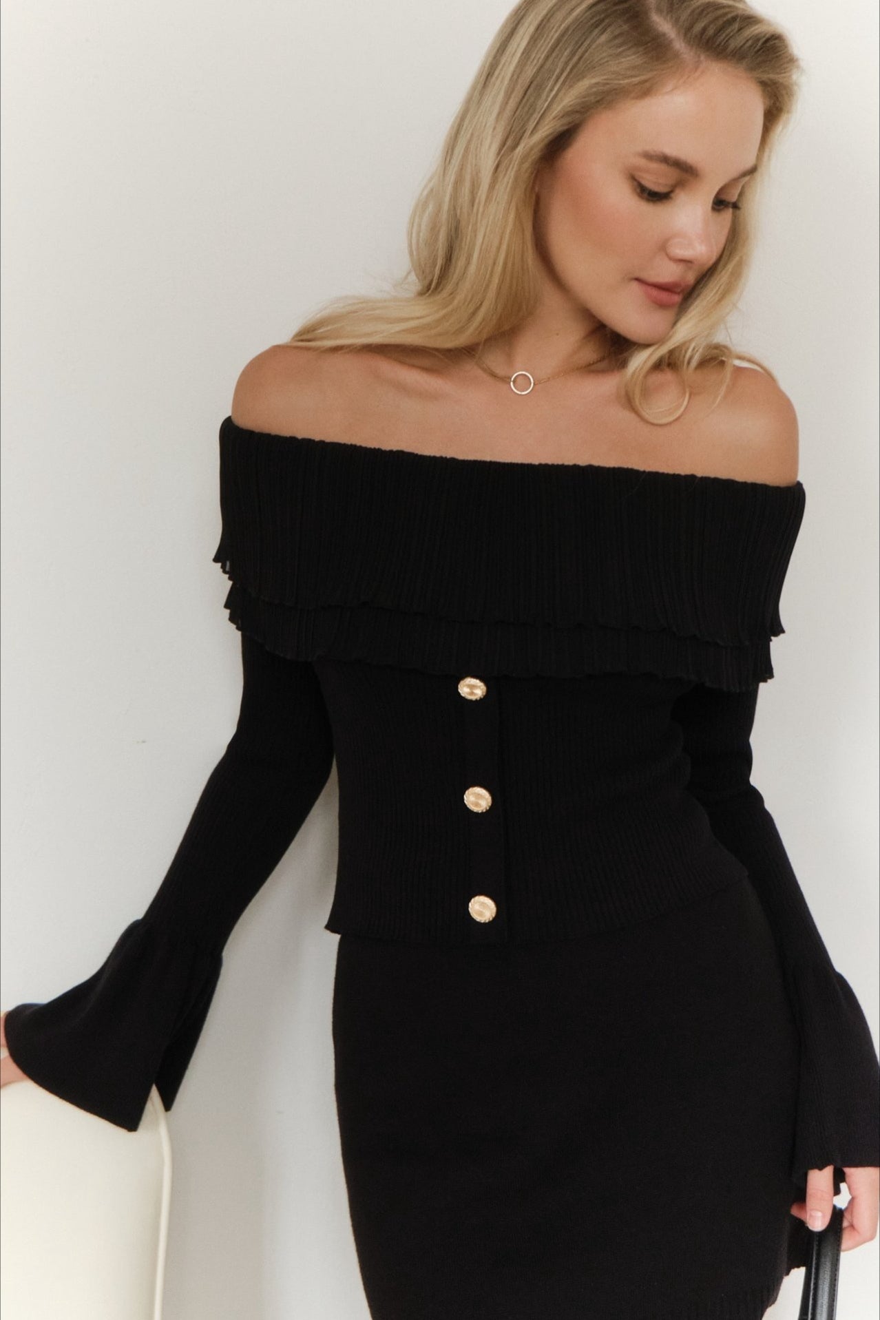 Off Shoulder Buttoned Knit Sweater