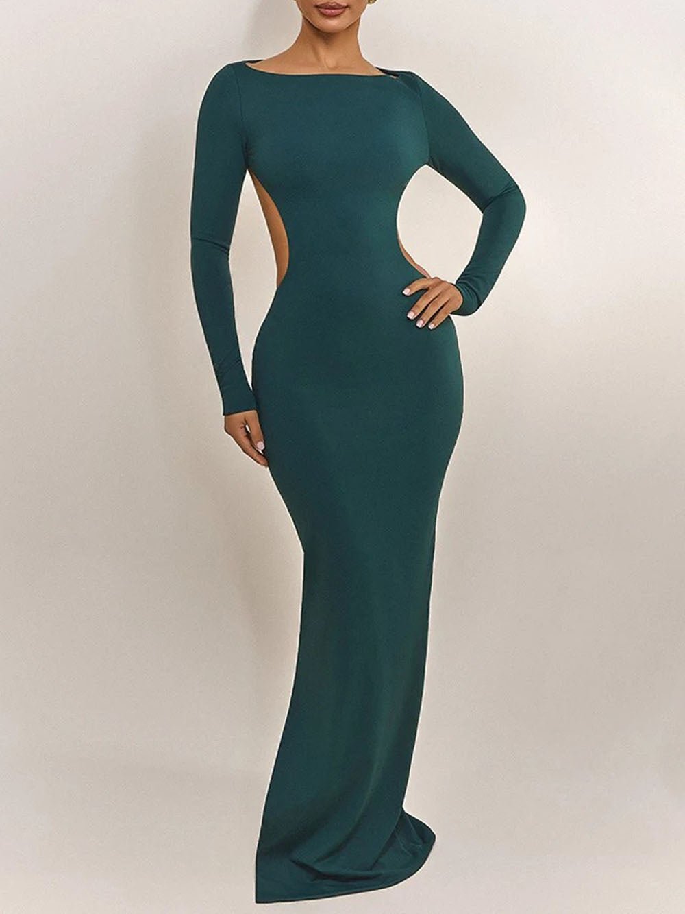 Green Cut Out Boat Neck Long Sleeve Bodycon Maxi Dress 4