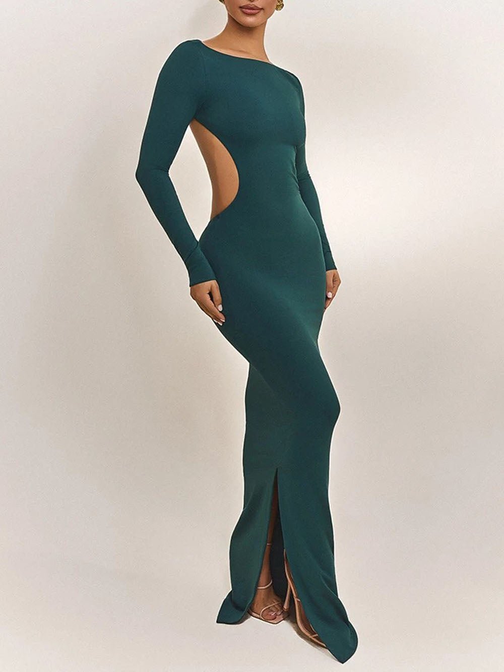 Green Cut Out Boat Neck Long Sleeve Bodycon Maxi Dress 3