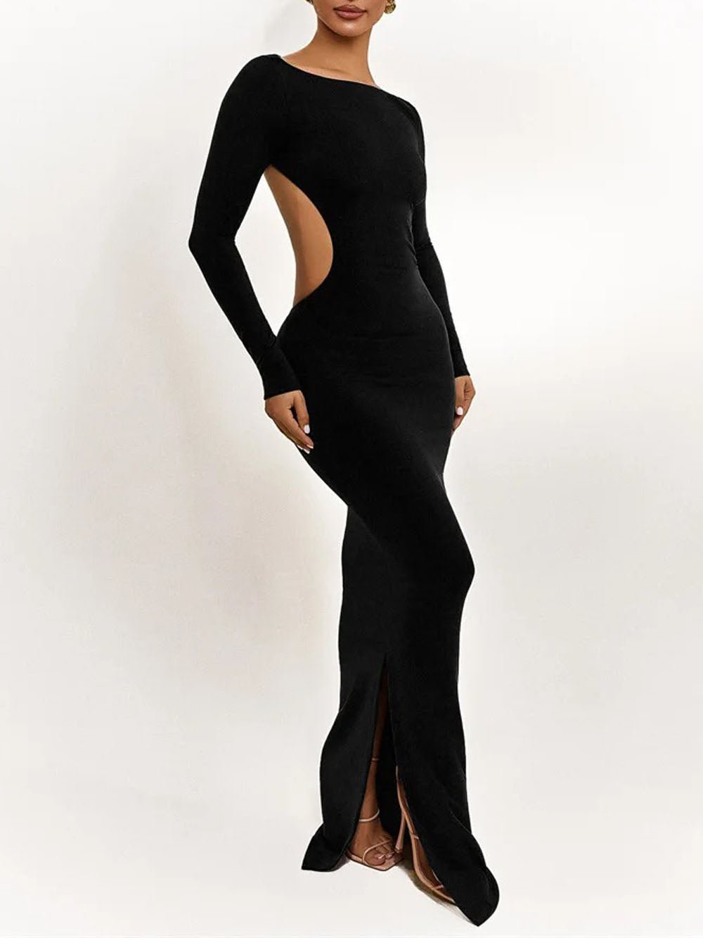 Black Cut Out Boat Neck Long Sleeve Bodycon Maxi Dress 4