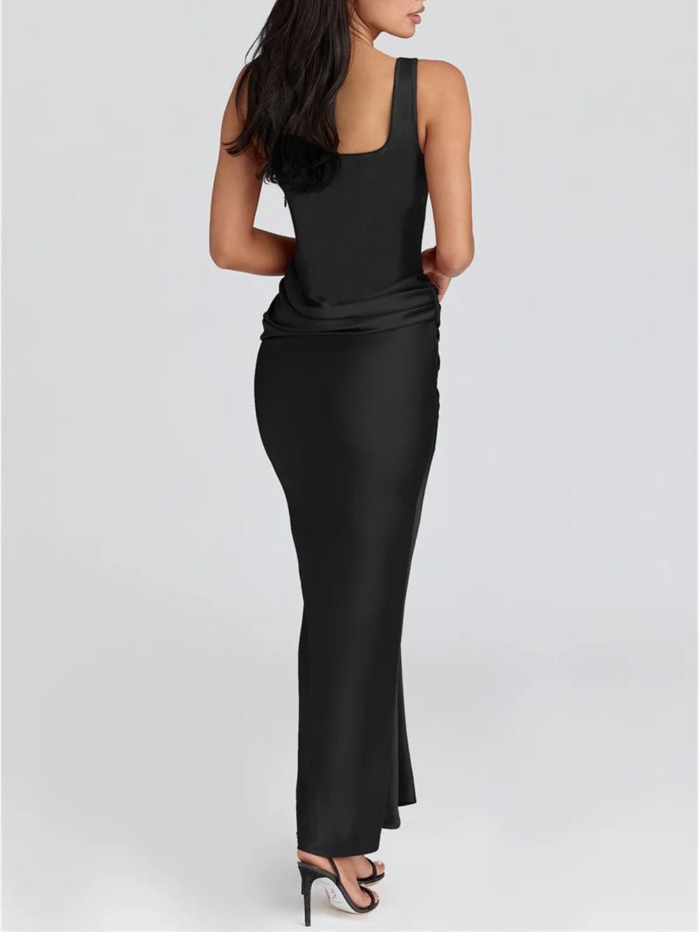 Black Corset Scoop Neck Wide Strap Ruched Waist Satin Maxi Dress 2