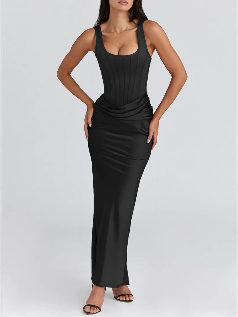 Black Corset Scoop Neck Wide Strap Ruched Waist Satin Maxi Dress 3