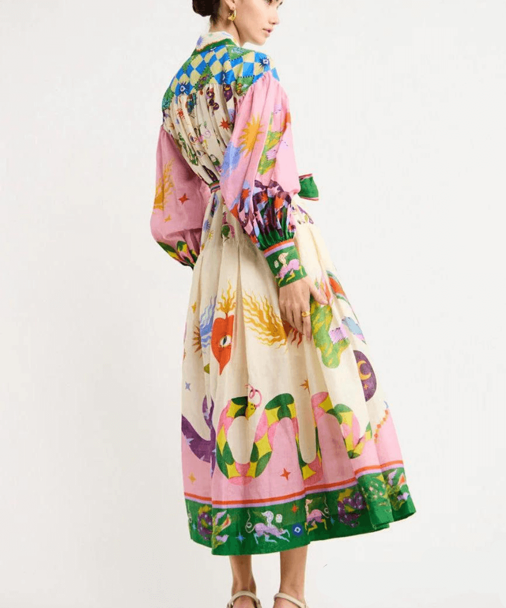 Collared Button Front Novelty Print Balloon Sleeve Belted Maxi Dress 5