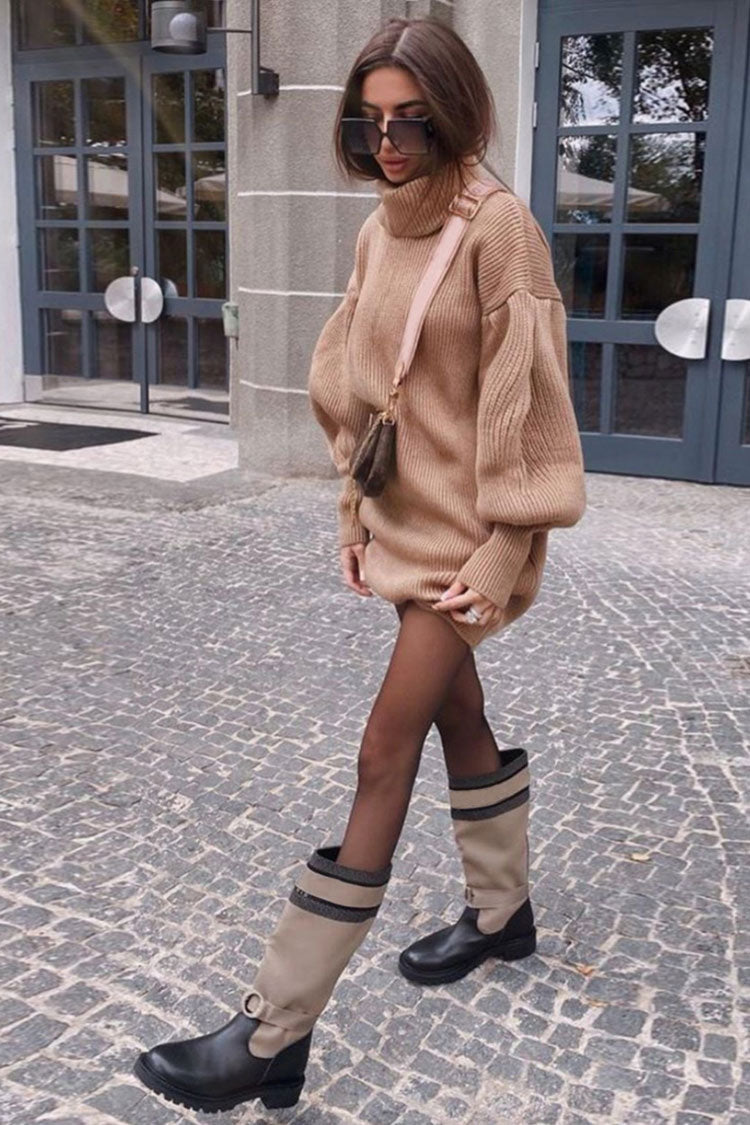 Camel Turtleneck Bishop Sleeve Ribbed Knit Sweater Mini Dress