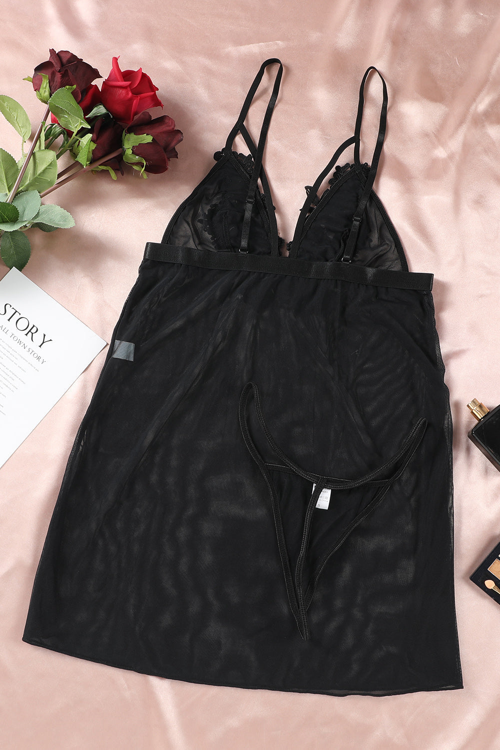 Black Sheer Lace Mesh Babydoll With Thong 7