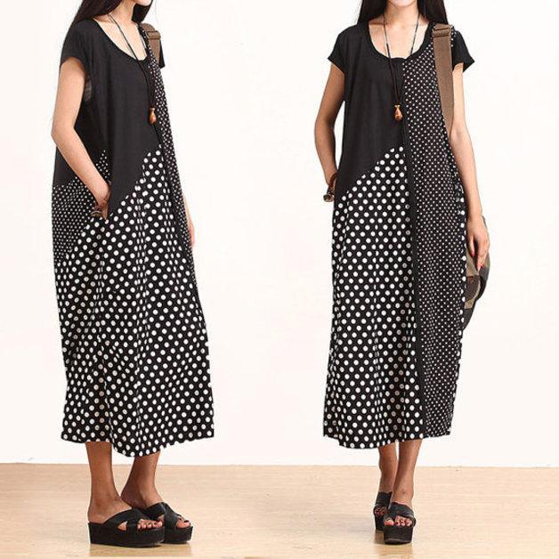 black dotted cotton summer maxi dress oversize sundress