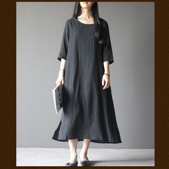 black half sleeve linen sundress oversize maxi dresses