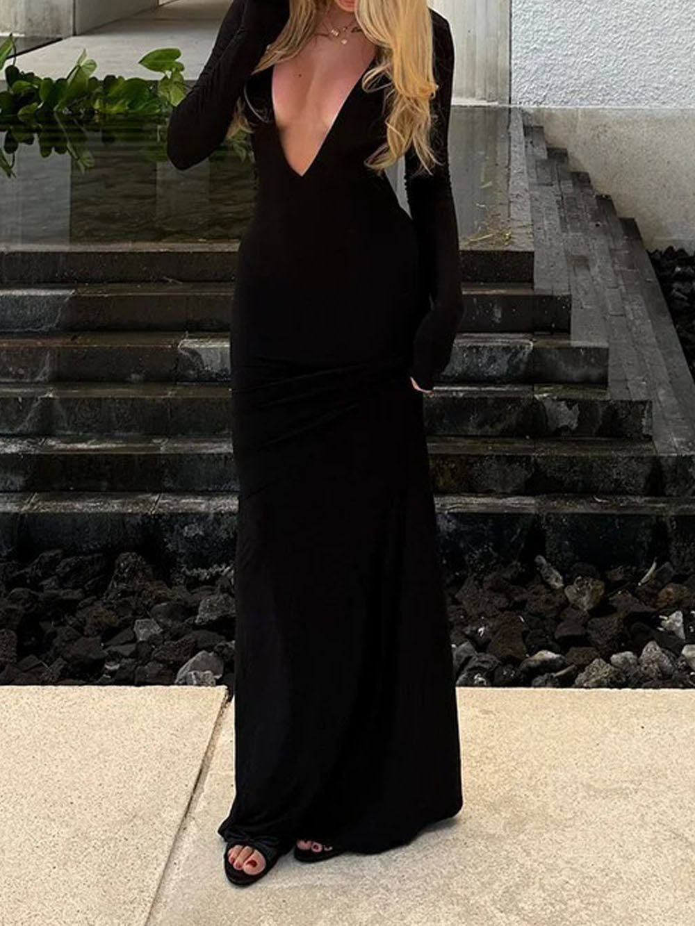 Long Sleeve Deep V-Neck Column Bodycon Maxi Dress 2