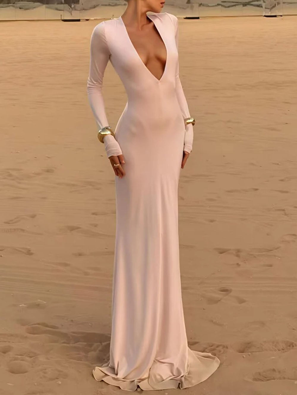 Long Sleeve Deep V-Neck Column Bodycon Maxi Dress 3