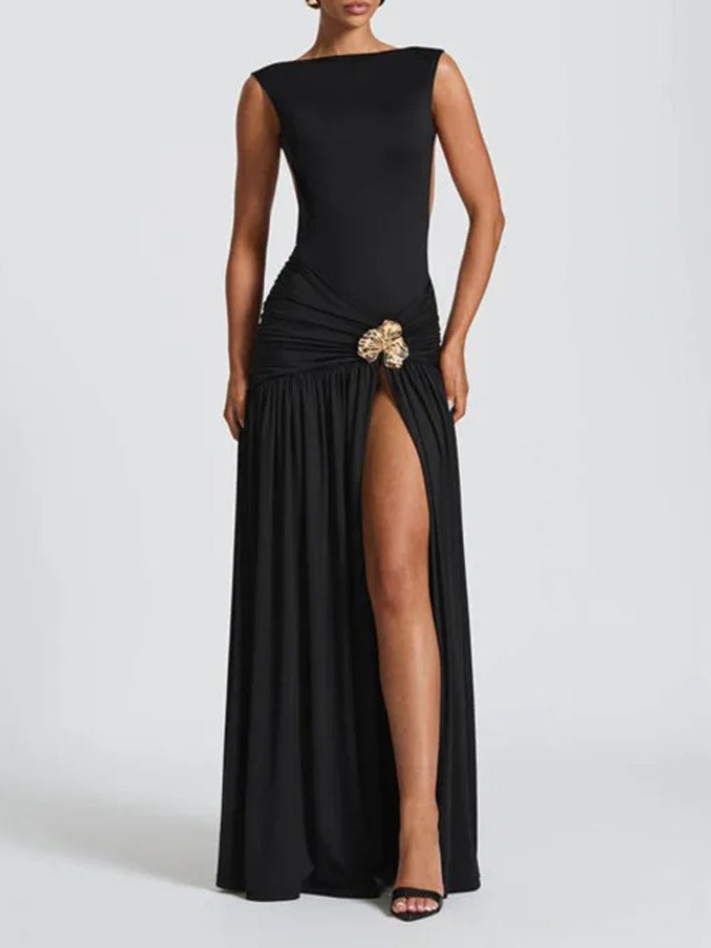 Boat Neck Sleeveless Ruched Hip Buckle Draped Panel Mermaid Maxi Gown 9