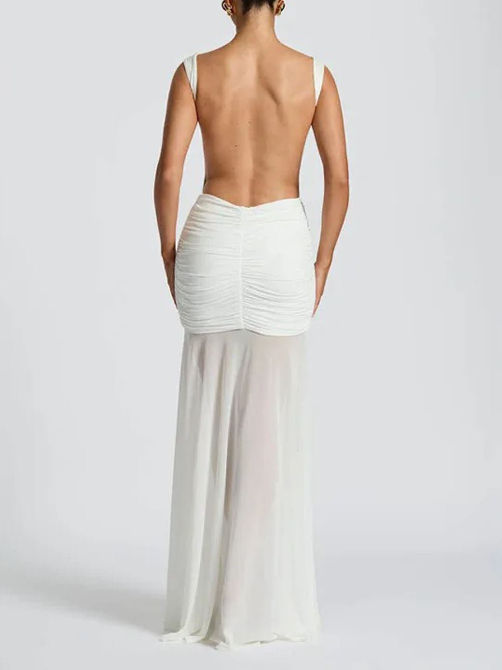 Boat Neck Sleeveless Ruched Hip Buckle Draped Panel Mermaid Maxi Gown 12