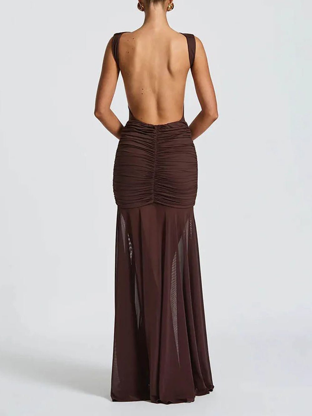 Boat Neck Sleeveless Ruched Hip Buckle Draped Panel Mermaid Maxi Gown 2