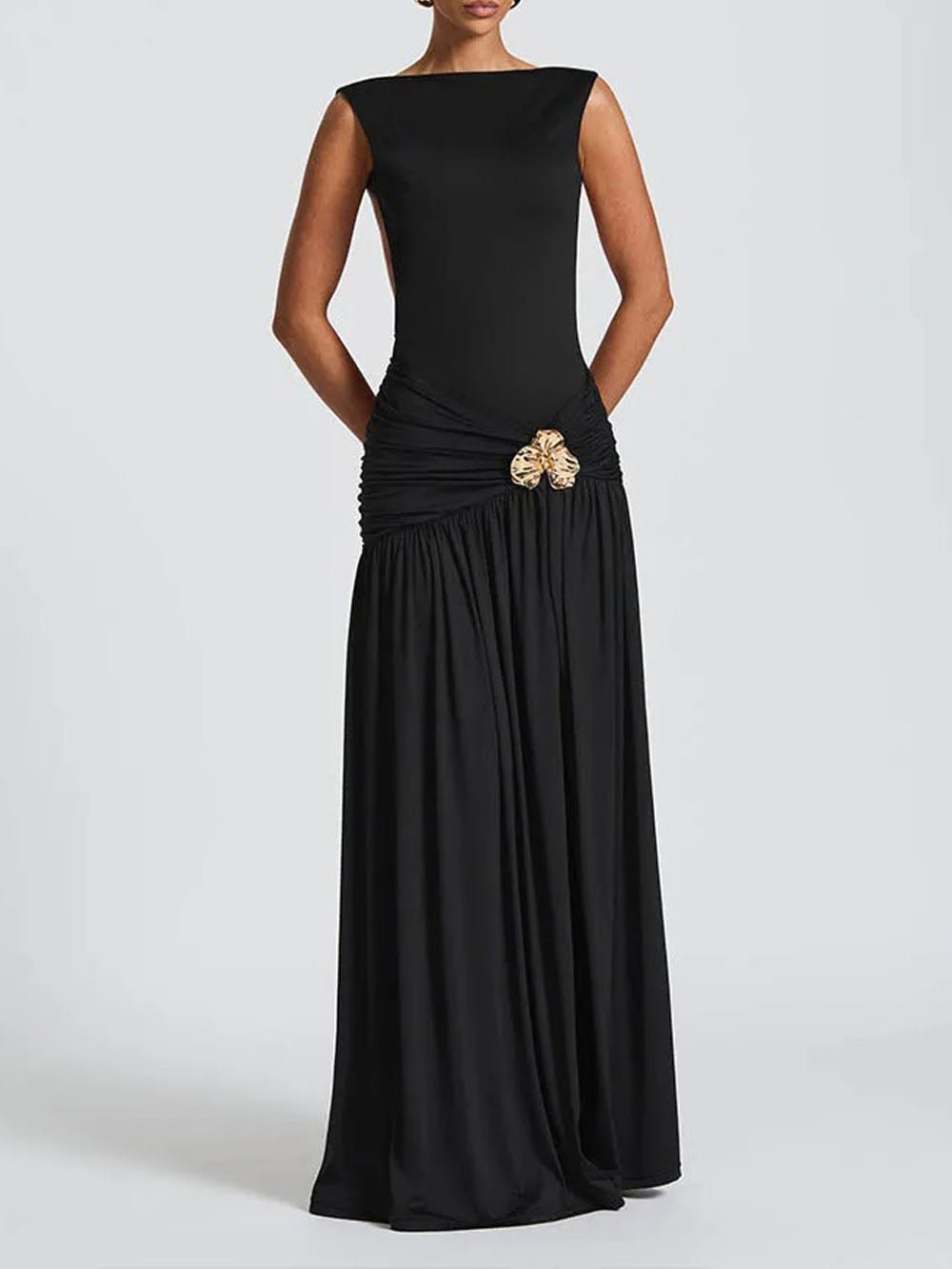 Boat Neck Sleeveless Ruched Hip Buckle Draped Panel Mermaid Maxi Gown 8
