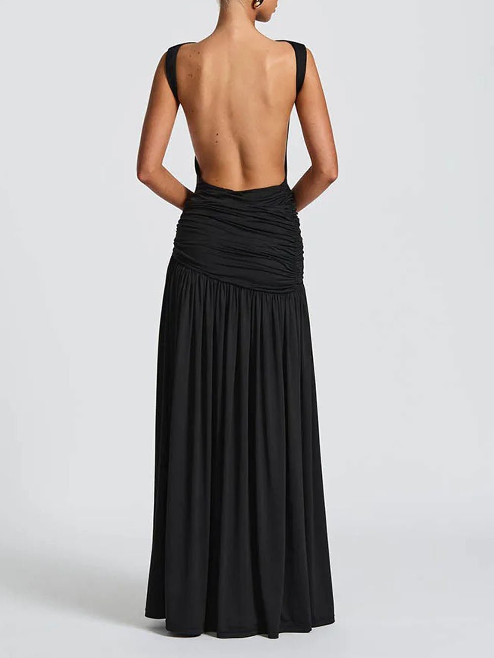 Boat Neck Sleeveless Ruched Hip Buckle Draped Panel Mermaid Maxi Gown 10