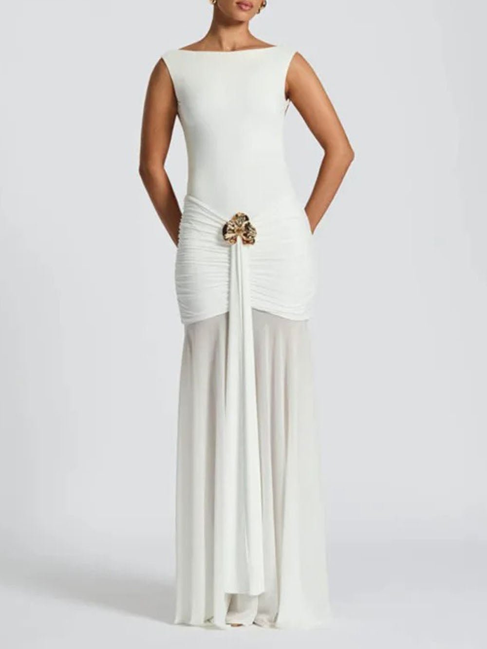Boat Neck Sleeveless Ruched Hip Buckle Draped Panel Mermaid Maxi Gown 11