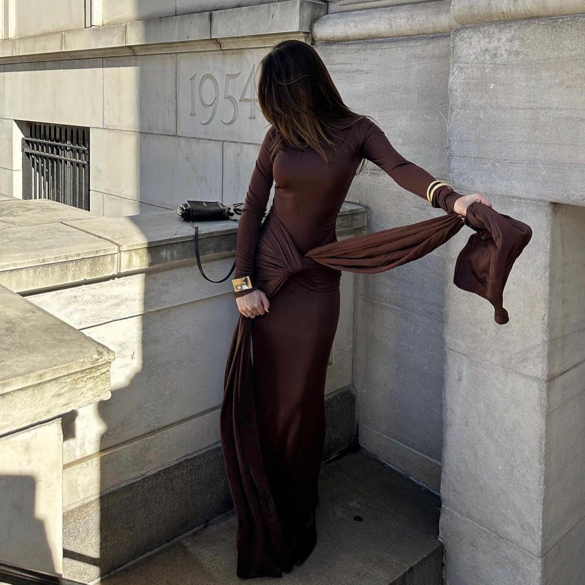 Turtleneck Long Sleeve Slinky Knot Front Bodycon Maxi Dress