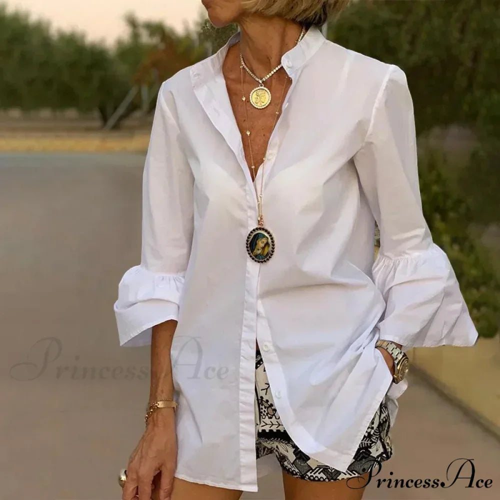 Blouse Office Arm V Button Women's Flare Up White Neck Blouse