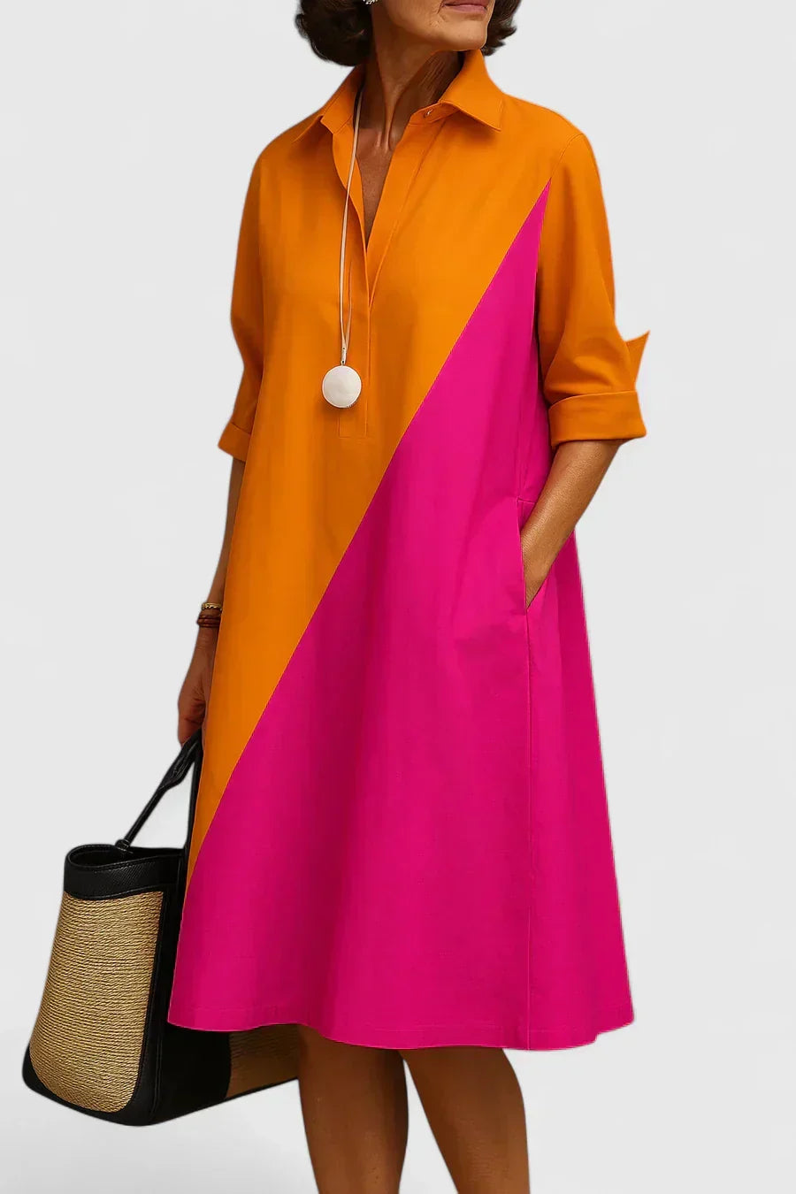 Orange Pink Collared Long Sleeve Diagonal Colorblock Pocket Shift Midi Dress