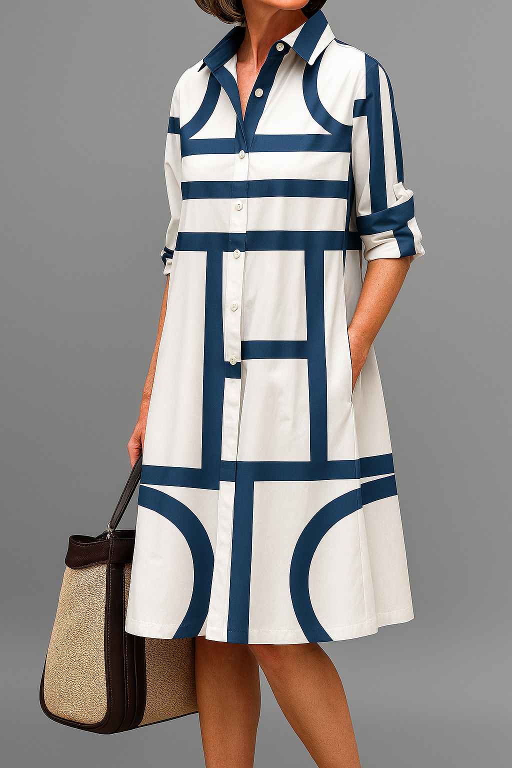 White Blue Collared Button Front Geometric Print Roll-Up Sleeve Midi Shirt Dress
